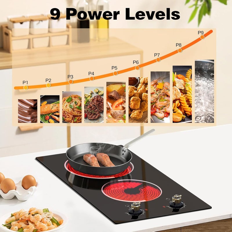 Jessier 2 Burner Electric Cooktop - Built-in 3000W Two Burner Electric Stove, 220V Ceramic Cook Top with 9 Power Heating Levels, Knob Control, 220V - 240V Hard Wired (No Plug) - Image 2